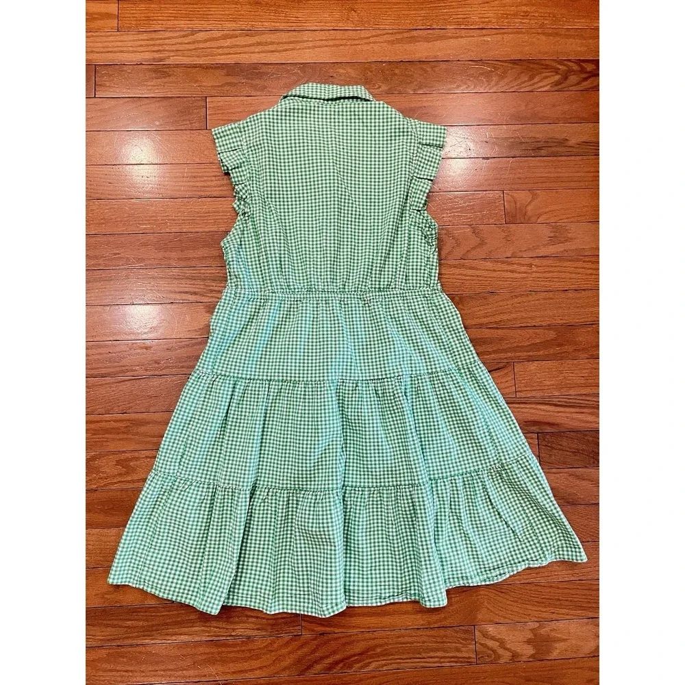 Monteau Los Angeles Girls Large Green Gingham Tiered Button Front Dress L